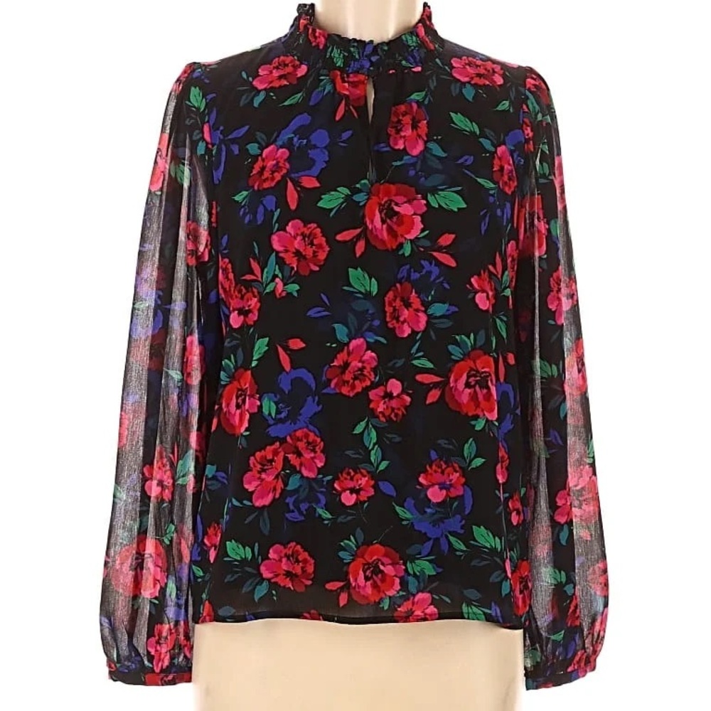 J. Crew Black Blouse with Red and Blue Floral Design